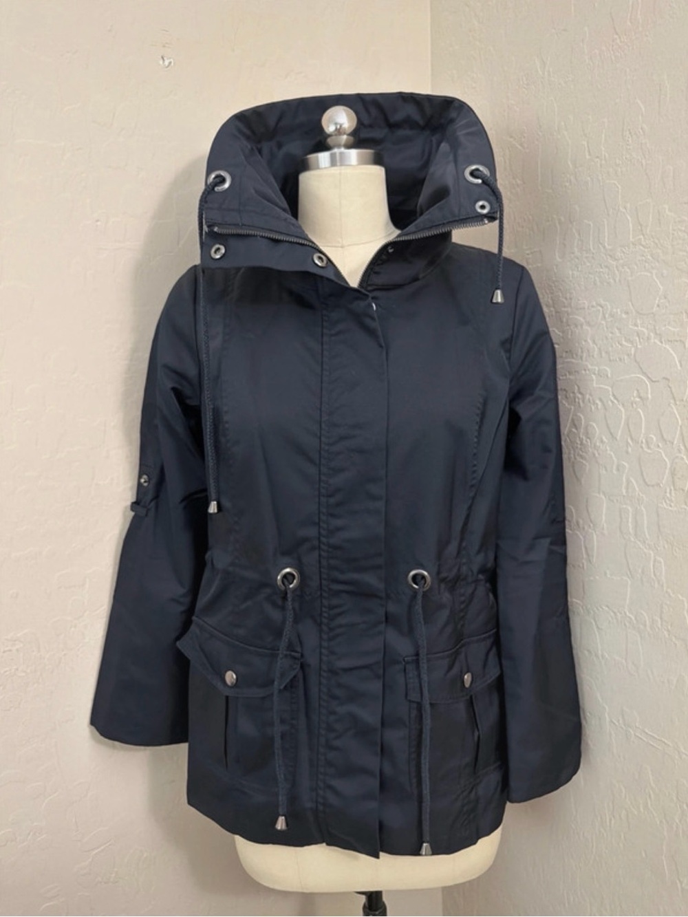 Style & Co. Navy Hooded Drawstring Anorak Pea Coat